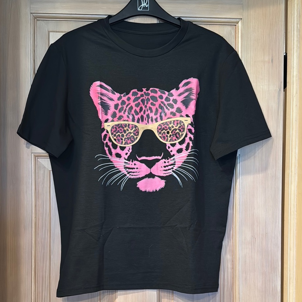 NEW!!  Black T-Shirt with Pink Leopard Design